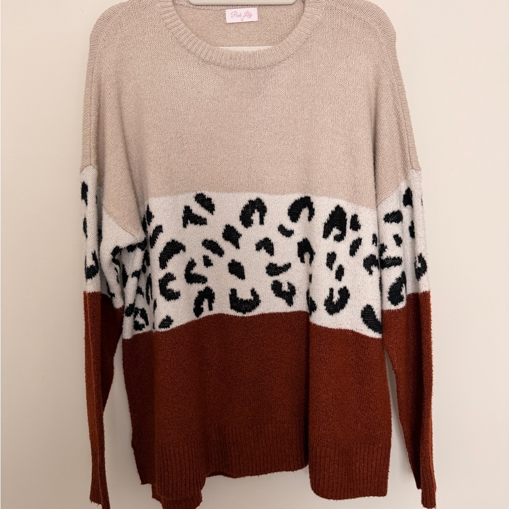 Pink Lily Colorblock Leopard Sweater